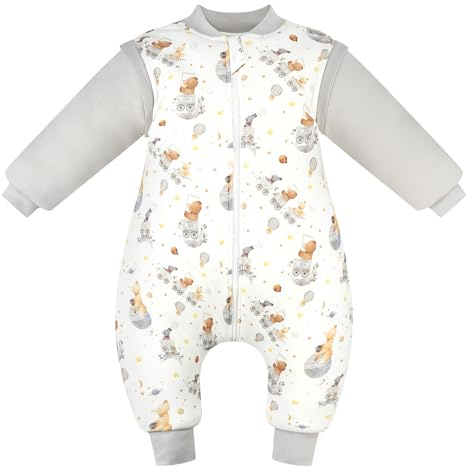 JiAmy Baby Schlafsack mit Füßen und Langarm Schlafanzug 3.5 Tog Baumwolle mit Abnehmbaren Ärmel Tragbare Decke für 2-3 Jahre