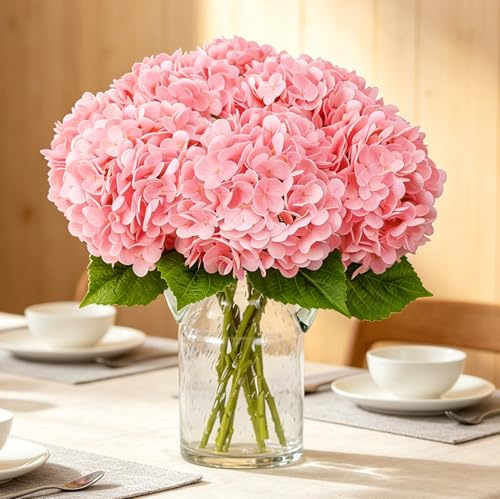 Kisflower 3Pcs Hortensien Künstliche Blumen, Single Stem Realistische Hydrangea Blumen,57CM Real Touch Latex Hortensien Kunstblumen für Hochzeiten Party Büro Home Decor (Rosa)