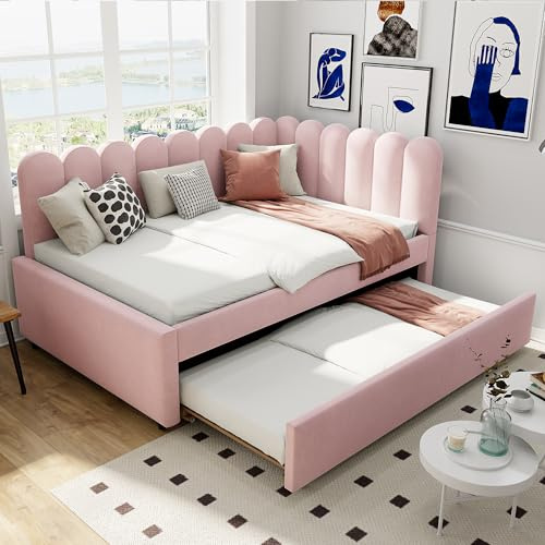 Merax Polsterbett 140x200 cm, Schlafsofa mit Ausziehbett, geblümte Rückenlehne, platzsparend, Elegantes Design, bequem, Samtstoff, Rosa (Ohne Matratze)