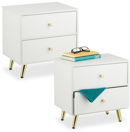 Relaxdays Bedside Table, Set of 2, 2 Drawers, 41.5 x 40 x 32.5 cm, Bedroom Nightstand, Next to Bed Storage, White/Gold