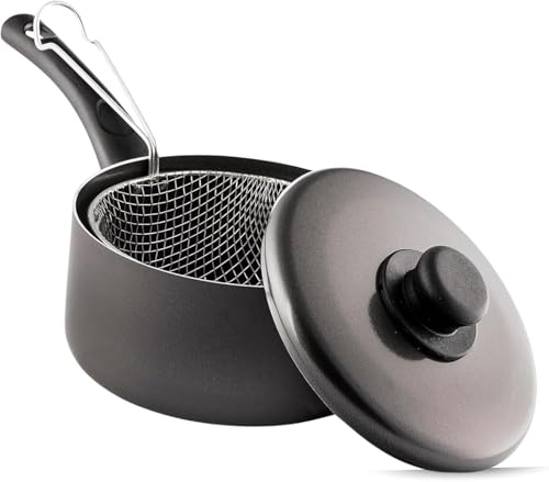 SK COOKWARE Chip Pan with Basket & Lid Non-Stick Fat Fryer Set 22cm | Durable Crispy Frying Pan with Plastic Handles | Ideal for Gas Stoves & Home Frying (10 Black) (Black, 22cm)