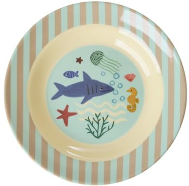 ReWu Rice Melamin Tiefer Teller Mint - Blue Ocean Print - Rund Kinderteller Campinggeschirr Kindergeschirr Bruchfest Speiseteller Kinder Camping Bruchsicher BPA-Frei Ø 20 cm