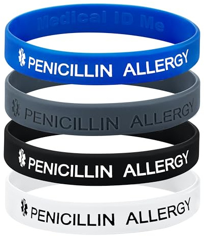 Braccialetti identificativi e di allerta medica per allergia alla penicillina, in confezione da 4, 4 colori, UK, X Large 21, Silicone, Non pietra preziosa