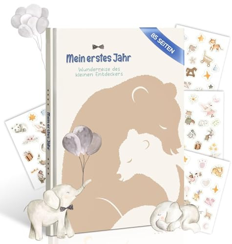 My First Year Baby Album Baby Diary – Libro de recuerdos para bebés con cariñosas ilustraciones de elefantes, 28,5 x 21 cm, regalo para nacimiento y bautizo