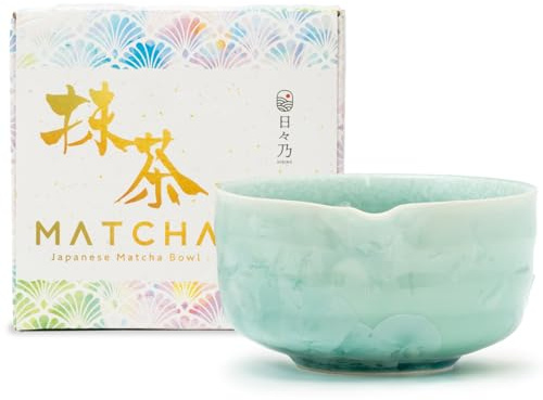 HIBINO Matcha Bowl | Japanese Crystal-Glazed Ceramic Matcha Tea Bowl with Spout | Traditional Matcha Chawan | Designed in Japan |「Crystal Shell Green」