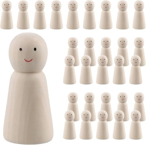 NamyEUT 30 stycken träfigurer för målning, 60 mm träfigurer med uttryck, små träfigurer dockor tomma träkoner för gör-det-själv-pysselprojekt och dekoration