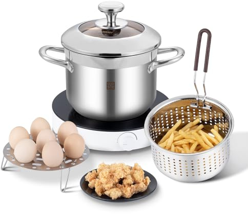 Edelstahl Frittiertopf 4L, Fritteuse mit Sieb und Deckel,Fritteusentopf Dampfgarer Mehrzweck-Kochtopf Zubereiten von Hähnchenflügeln Meeresfrüchten Pommes frites Calamares