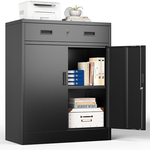 Metal Storage Cabinet, Locking Storage Cabinet with Door, Black, 90*80*40cm | Steel Storage Cabinet with 1 Drawer and Adjustable Shelf for Garage, Home, Office, Utility Room, Assembly Required