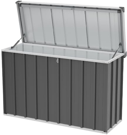 DKIEI 350L Metal Garden Storage Box with Password Padlock | Lockable Large Outdoor Storage Box Waterproof, XL Outside Garden Boxes for Cushions, Tools, Equipment, 118x50x75 cm, Carbon Black