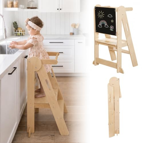 Tour d'observation Montessori Pliable Enfant avec 3 Hauteurs Réglables | Tour d'apprentissage en Bois, Rails de Sécurité, Facile à Assembler, Anti-Basculement Pour Cuisine et Salle de Bain, Naturel