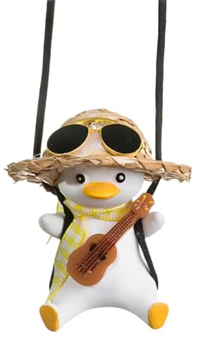 FUHAMJ Canard Suspendu au Chapeau de Paille et à la Guitare, Accessoire Voiture Interieur Decoration, Ornement Original pour Rétroviseur, Tableau de Bord, Pendentif Mignon pour une Ambiance Musicale