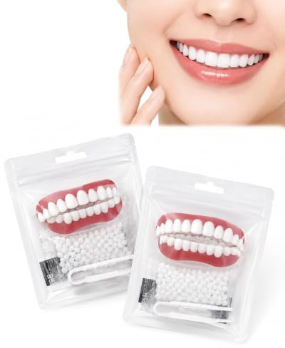 XUKZIMA Fake teeth, 2 pairs, tooth covers with 2 x 5 g adhesive powder and clips, realistic design for immediate hold, soft OPP case preserves teeth at firms