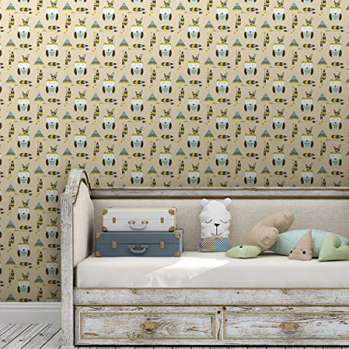 Kindertapete Indianer Eulen mit Federn in pastell beige, Vlies Tapete Kinder, moderne GMM Design Tapete Kinderzimmer | Spielzimmer (H: 3,5m B: 46,5cm)