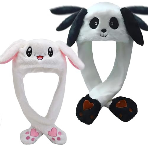 2 Pcs Beweglicher Ohr-Kaninchen-Hut, Netter Panda-Hut Plüsch Bunny Ohren Stirnband Halloween Tier Ostern Cosplay Kaninchen - Lustige Plüsch-Häschen-Hut-Kappe mit Den Ohren(Kaninchenform + Pandaform)