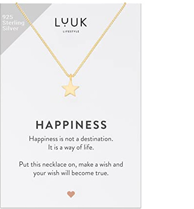LUUK LIFESTYLE Halsband i 925 Sterling Silver med stjärnahänge och ett inspirerande HAPPINESS-kort, lyckoamulett, vänskapsgåva, damsmycken, guld