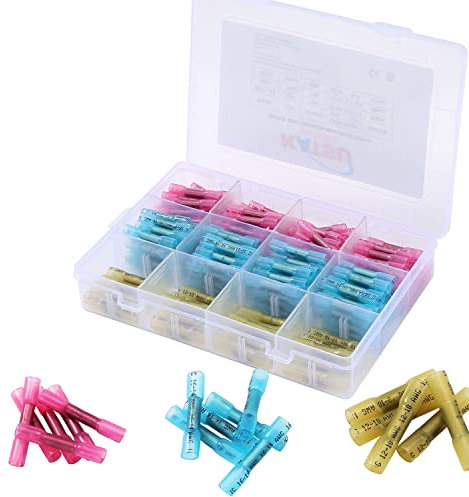 KATSU 200PCs Connettori Impermeabili Termoretraibili Connettori Elettrici Saldanti Guaina Termosaldante Guaina Termorestringente Saldante Connettore Isolante, 0,8mm, 3 Misure Giunti Stagni per Cavi