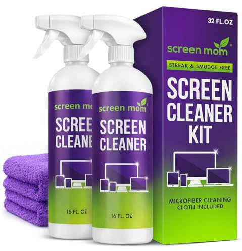 Screen Mom Screen Cleaner Spray and Microfiber Cloth 2-Pack (2x16oz) Screen Cleaner Spray and Wipe for TV, Computer, Phone, iPad, Car Screen Cleaning Kit Electronic Cleaner Spray