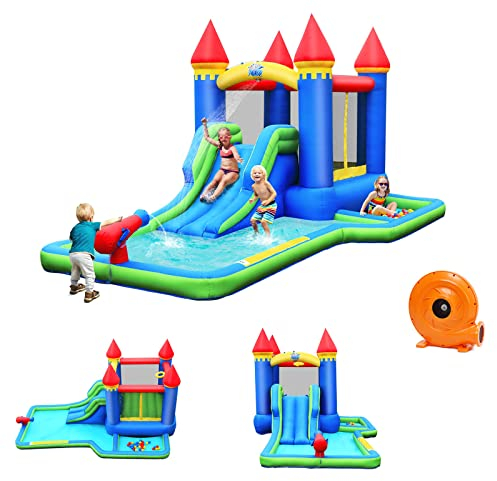 GOPLUS Aufblasbare Hüpfburg mit Gebläse, Spielburg mit Rutsche Korb Ball-Pool, Wasserspielcenter mit Kugel-Set & Reparatur-Set, Wasserpark für 4 Kinder im Alter 3-8 Jahren (Blau, Mit Gebläse)