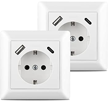 Kaifire USB Steckdose, Schutzkontakt Schuko Steckdose mit USB Anschluss und Typ C Port max.3.4A System 55 Rahmen Wandsteckdose Passent in Standard Unterputzdose Unterputz (2 Stück)