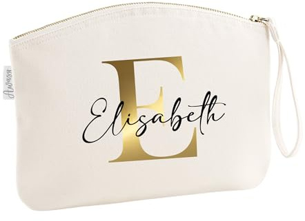 minimutz Schminktasche für Mädchen mit Name | Motiv Buchstabe Initiale inkl. Namensdruck | Personalisierte Kosmetiktasche Ordnungshüter Mädchen Damen L (28 x 22 cm) Beige