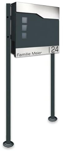 Briefkasten in anthrazit incl. Standfuß und Beschriftung - aus pulverbeschichtetem Stahl mit Zeitungsrolle und Sichtfeldern