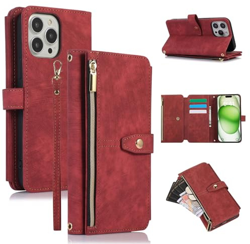 ZCDAYE Hülle für iPhone 13 Pro Max mit Kartenhalter Geldbörse, Leder iPhone 13 Pro Max Handyhülle Handytasche Schutzhülle für iPhone 13 Pro Max (6.7 inches), Rot