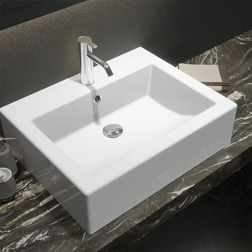Lavabo da Appoggio Con Troppo Pieno 58x46x15 cm Rettangolare in Ceramica Bianco Lucido per Mensole da Bagno Sospese