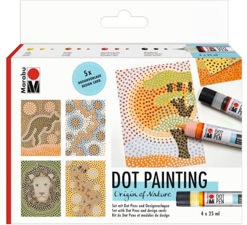 Marabu 1801000000080 - Dot Pen Set Origin of Nature 4 x 25 ml, Punktfarbe auf Wasserbasis für dotting Technik, trocknet matt & erhaben auf, für Mandala & Gestalten in der Dot Painting-Technik