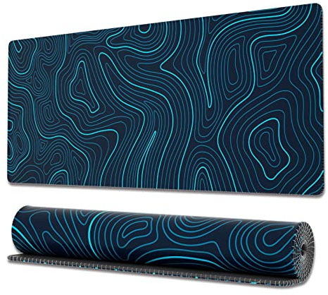 Ovenbird Tappetino per mouse da gioco con bordi cuciti, mappa topografica blu, tappetino per mouse XL esteso con base antiscivolo, fantastico tappetino per mouse grande per scrivania, 80 x 30 cm