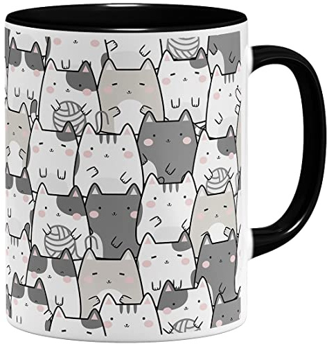 OM3® süße Kaffeetasse mit Katzen Cat Tasse mit Katzenmotiv Kawaii Katze | Keramik Becher | 11oz 325ml | Rundumdruck | Schwarz