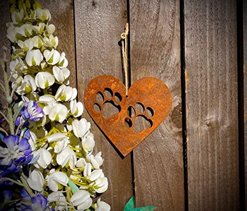 Rustic Rusty Metal Double Paw Print Love Heart Pet Dog Cat Memorial Gift Present
