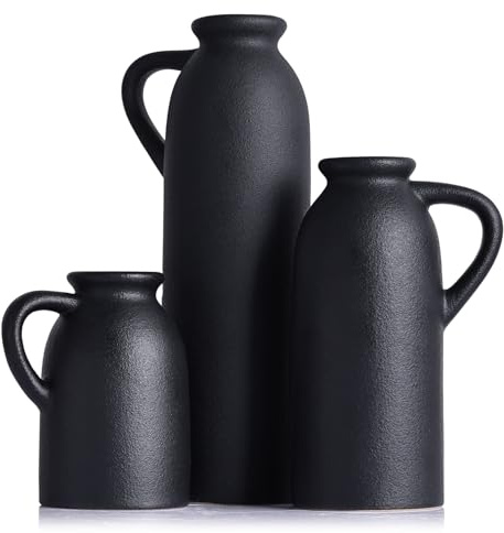 Set di 3 vasi decorativi in ceramica nera, centrotavola moderno e in stile rustico per la decorazione di casa e ufficio, perfetti per tavoli, caminetti, mensole e camini, ideali per fiori e erba della