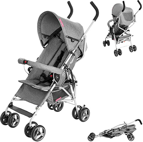 Moby-System, Buggy, superleicht und kompakt, bis 14 kg, verstellbare Rückenlehne, Doppelräder, schwenkbare Schaumstoffräder, faltbar, mit Sonnendach – idealer Kinderwagen für Spaziergänge, grau