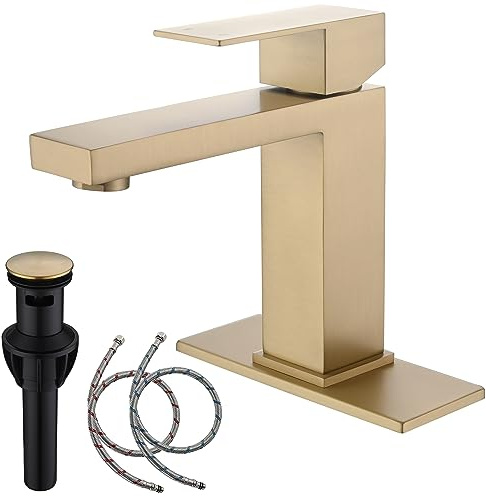 AmirLans Brushed Gold Bathroom Faucets Single Hole, Single Handle Stainless Steel Faucet for Bathroom Sink with Pop Up Stopper, Gold Vanity Faucet AML-1141-BG