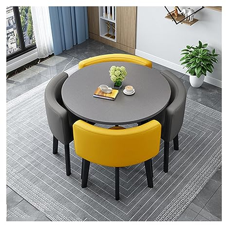 Runder Bürotisch, Konferenztisch und Stuhl-Set für 4 Personen, Ledermaterial, einfacher Küchen-Esstisch 80/90 cm, 1 Tisch, 4 Stühle, Kombination aus Wohnzimmertisch und Stuhl, Zuhause und Schlafzimmer