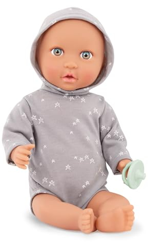 LullaBaby – Baby Puppe mit Puppenkleidung – Porzellan Hautton & Blaue Augen – 36 cm Babypuppe Weichkörper – Strampler mit Kapuze & Schnuller – Spielzeug für Kinder ab 2 Jahren