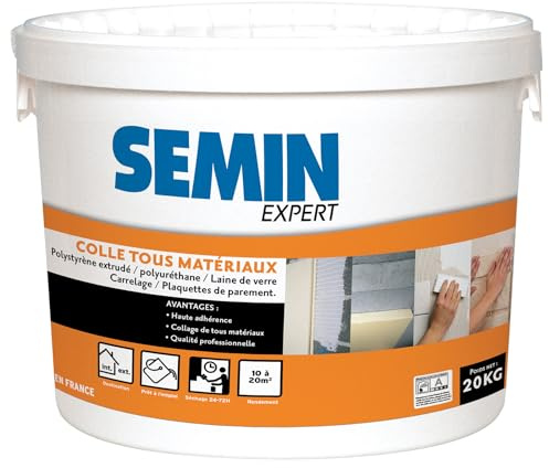 SEMIN Colle Tout Matériaux 20 kg – Haute Adhérence Sans Solvant – Prête à l'Emploi – Intérieur/Extérieur – Polystyrène, Liège, Laine de Verre, Carrelage et Plaquettes de Parement