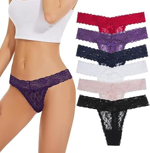 Lace Thongs For Women Seamless G String Underwear Women Low Waist Knickers | Multipack Women's Knickers 100% Cotton, Same-Color Crotch, Stretch Panties For Women, Comfortable Cotton Hipster Briefs