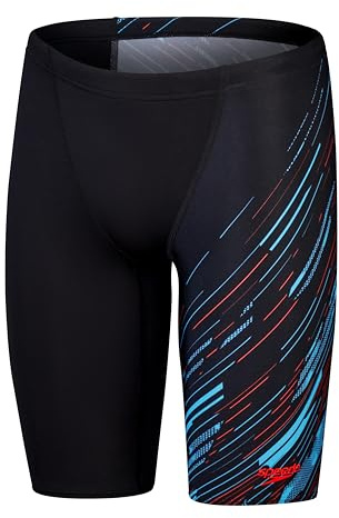 Speedo Herren Hyperboom Schwimmhose mit V-Schnitt | Schnelltrocknend | Training | Fitness | Chlorbeständig Black/Picton Blue/Siren Red 7