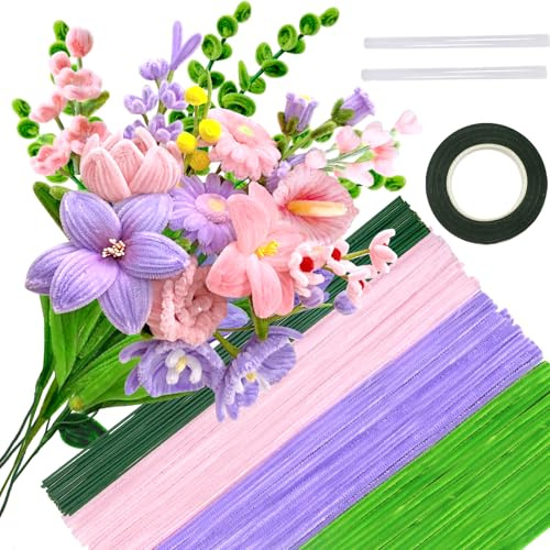 TOAOB 200 st grenstjälkar bota rör rosa tema med blomtråd i blommigt band chenille-stjälkar för tulpanbuketter, hantverksprojekt och dekorationer