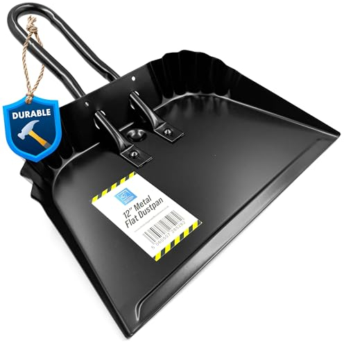 Metal Dustpan with Flat Lip and Serrated Edges for Dustpan and Brush Set - Ideal for Heavy Indoor and Outdoor Cleaning - Comfortable Handle and Hanging Eye - Compatible with Soft or Stiff Hand Brush