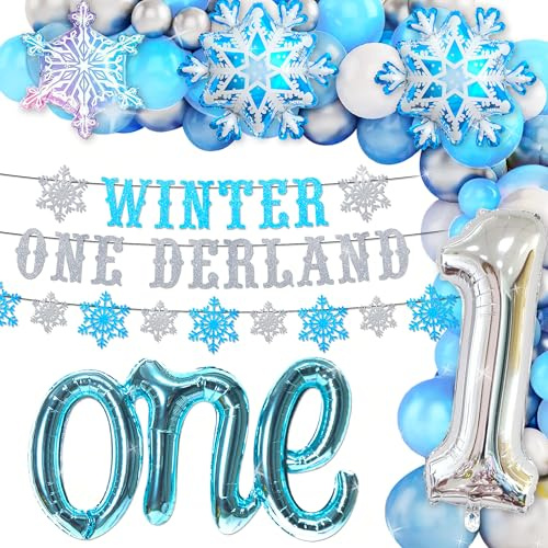 JeVenis Winter Onederland Dekorationen 1 Geburtstag Ballon Banner Girlande | Winter Onederland 1 Geburtstag Ballon Dekorationen Schneeflocke Dekoration Banner Girlande Ein Hochstuhl Banner Nummer 1