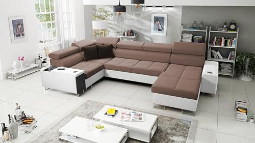 All4All Ecksofa mit Schlaffunktion Margo IV Mini 340x207 cm - Schlafsofa mit Bettkasten - Wohnlandschaft in U-Form - XXL Sofa - Seite rechts - Gewebe mit Kunstleder - Braun/Weiß - Modern 26
