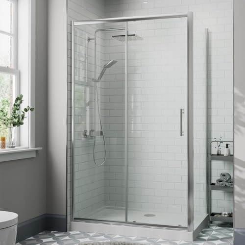 Diamond® 1100 x 700mm Sliding Shower Enclosure Door Screen for Wet Room Cubicle Enclosures, 8mm Toughened Safety Glass, Framed, Polished Chrome