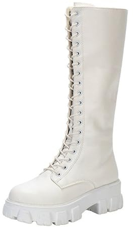 Genérico Botas Altas Botas Termicas Impermeables Mujer Botas largas de con y cremallera lateral con cordones de cuero sólido británico a la para mujer Botas de Mujer Cowboy Botas Pelo (White, 36)