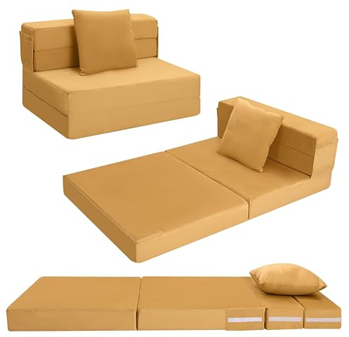MeMoreCool Faltbare Klappmatratze, Hochdichter Schaumstoff Schlafsofa, Boden-Futon-Matratze, 4-teilige Gästematratze Gästebett Klappbar, Klappmatratze Sessel, Faltmatratze 75x195cm, Gelb