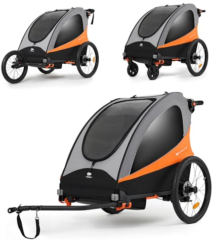 Kinderkraft NAVA 3in1, Kinderwagen, Laufwagen und Fahrradanhänger, für ein oder zwei Kinder (bis 44 kg), Sonnenschutz, zwei unabhängige Bremsen, Aluminiumrahmen, leicht zu falten,Orange