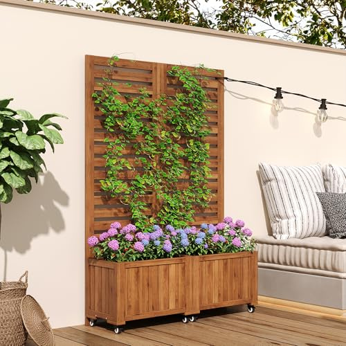 Merax Pflanzkübel mit Spalier, Outdoor Blumenkasten aus Massivholz, Pflanzkasten mit Kletterhilfen & Universalrädern, Für Garten, Hof & Terrasse, Dunkelbraun, 102Lx32Bx150H