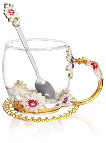 Hiqiku Glass Tea Cup and Saucer Set with Spoon - Enamel Flower Glass Cup as Birthday Gifts for Women - Tea Mugs Coffee Mug as Gifts for Her(320ml)