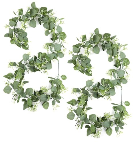 Künstliche Girlanden Eukalyptus, 1,8m, 2 Stück Hängend Grüne Blätter Deko mit Weiße Blumen, mit Weidenblättern, Künstliche Girlande Pflanze, für Hochzeiten Partys, Esstische Kaminsimse, Treppen